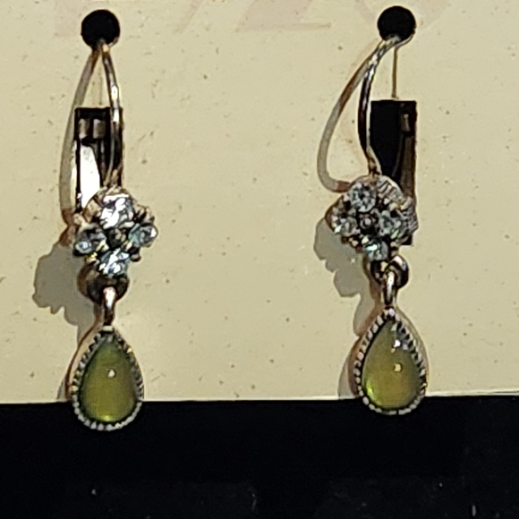 2028 Silver Tone Green Crystal Teardrop Dangle Earrings with Rhinestone Accents - Picture 4 of 4